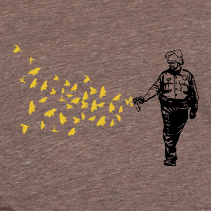cop pepper spraying butterflies and birds t-shirt design for women