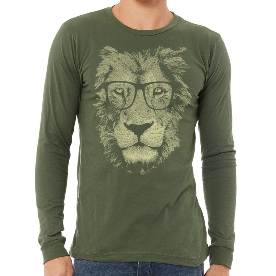 lion wearing glasses men's long sleeve green shirt