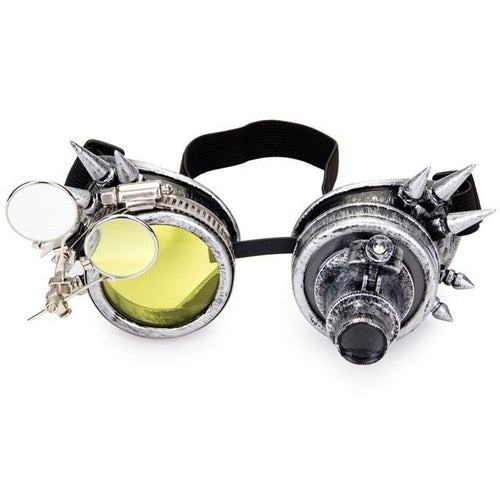 white and grey steampunk goggles with yellow lens