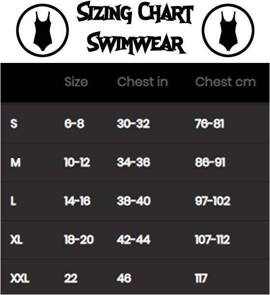 sizing chart for gothic swimwear sold by shadow meow