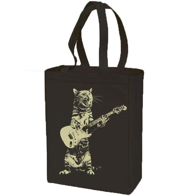 cat playing guitar tote bag