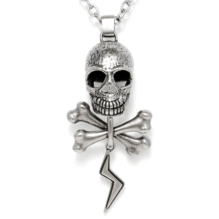 Skull and crossbones pendant necklace with voltage bolt.