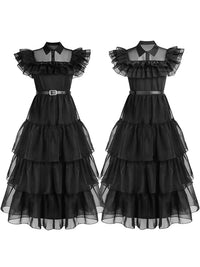 Thumbnail for wednesday addams black dance dress costume front and back view