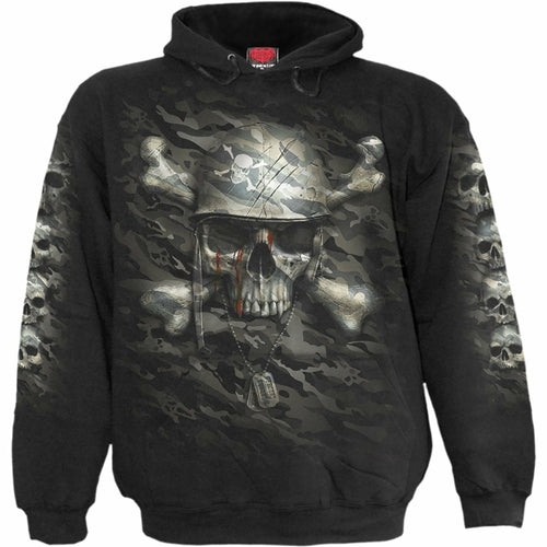 Army-themed skull and crossbones gothic metal black hoodie for men.