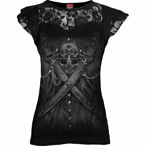 skull and straps black lace top for women