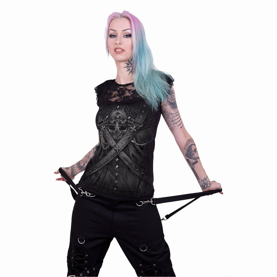 skulls and straps black gothic lace top for women