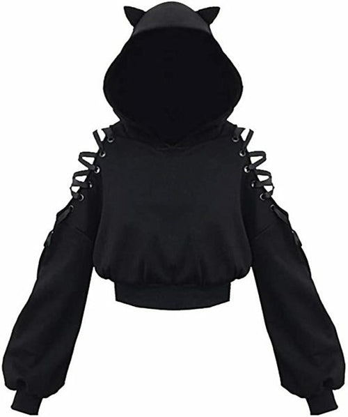 Plain Black Cat Ear Hoodie Shadow Meow - Main Image