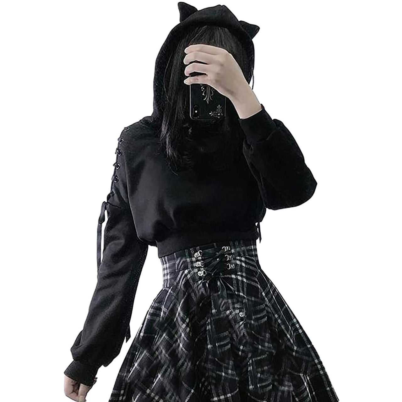 woman modelling plain black cat ear hoodie