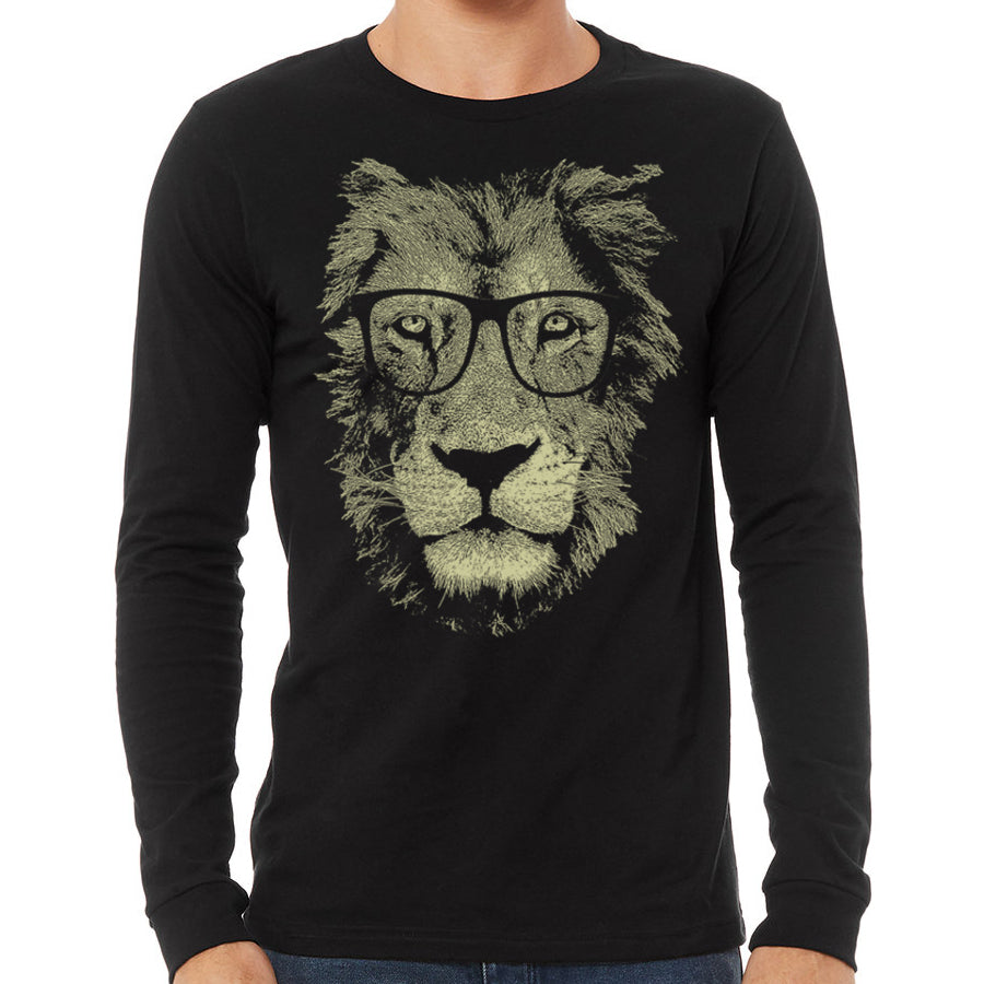 lion wearing glasses men's long sleeve black shirt