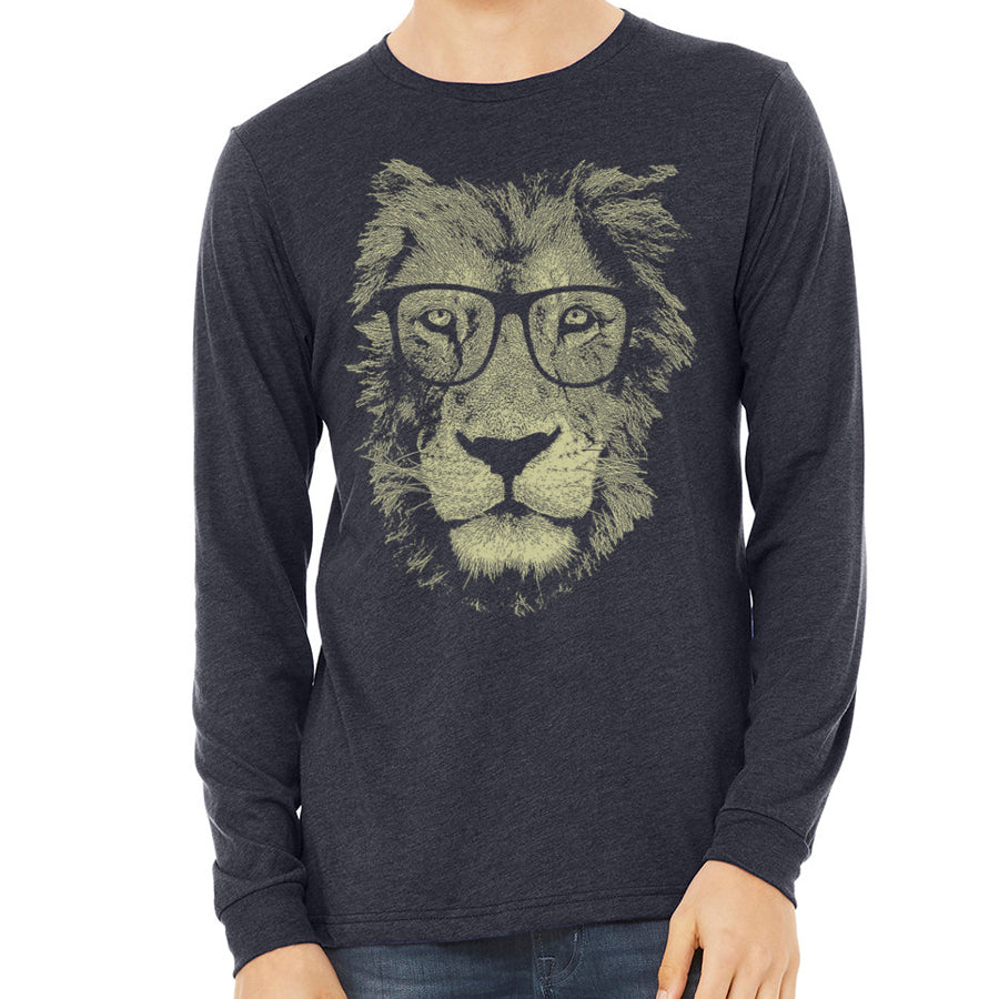 lion wearing glasses men's long sleeve blue shirt