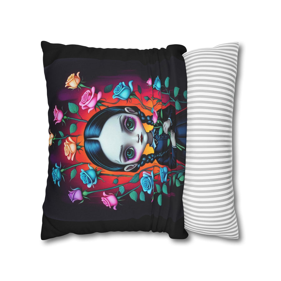 A whimsy gothic girl throw pillow cover showcasing pillow sizing.