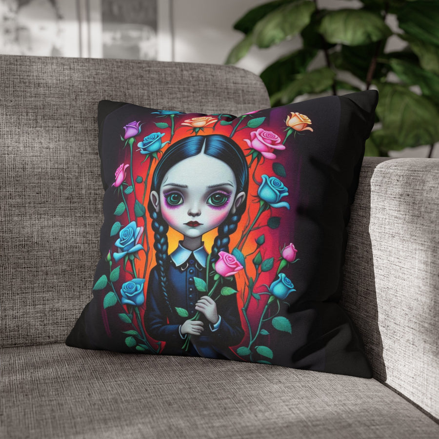 A whimsy Wednesday Addams throw pillow cover.