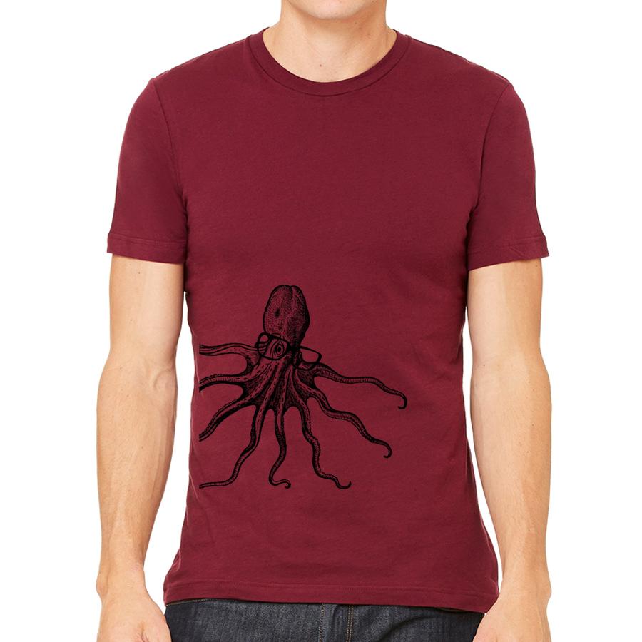 octopus wearing glasses red t-shirt for men