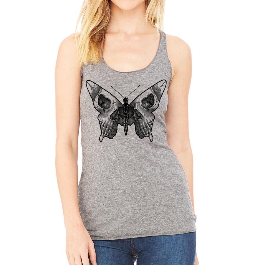 racerback tank top with butterfly skull design for women