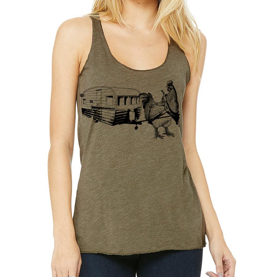 chicken pulling a trailer women's tank top