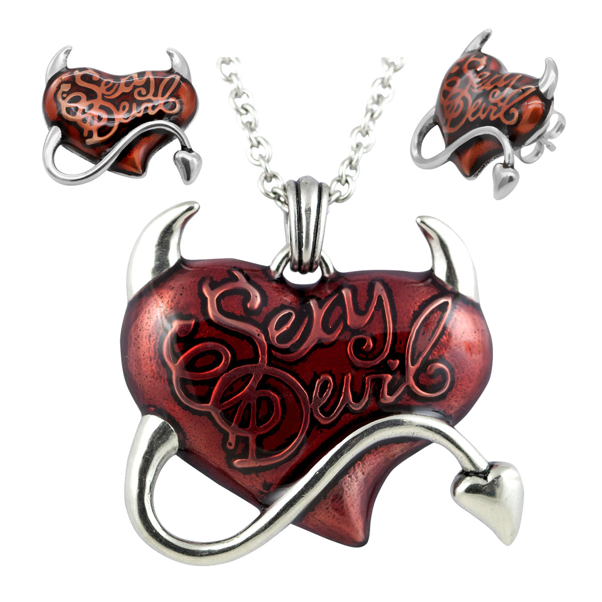 heart with devil horns necklace and earrings set