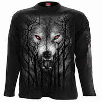 Thumbnail for wolf baring fangs in dark forest black crew neck shirt for men