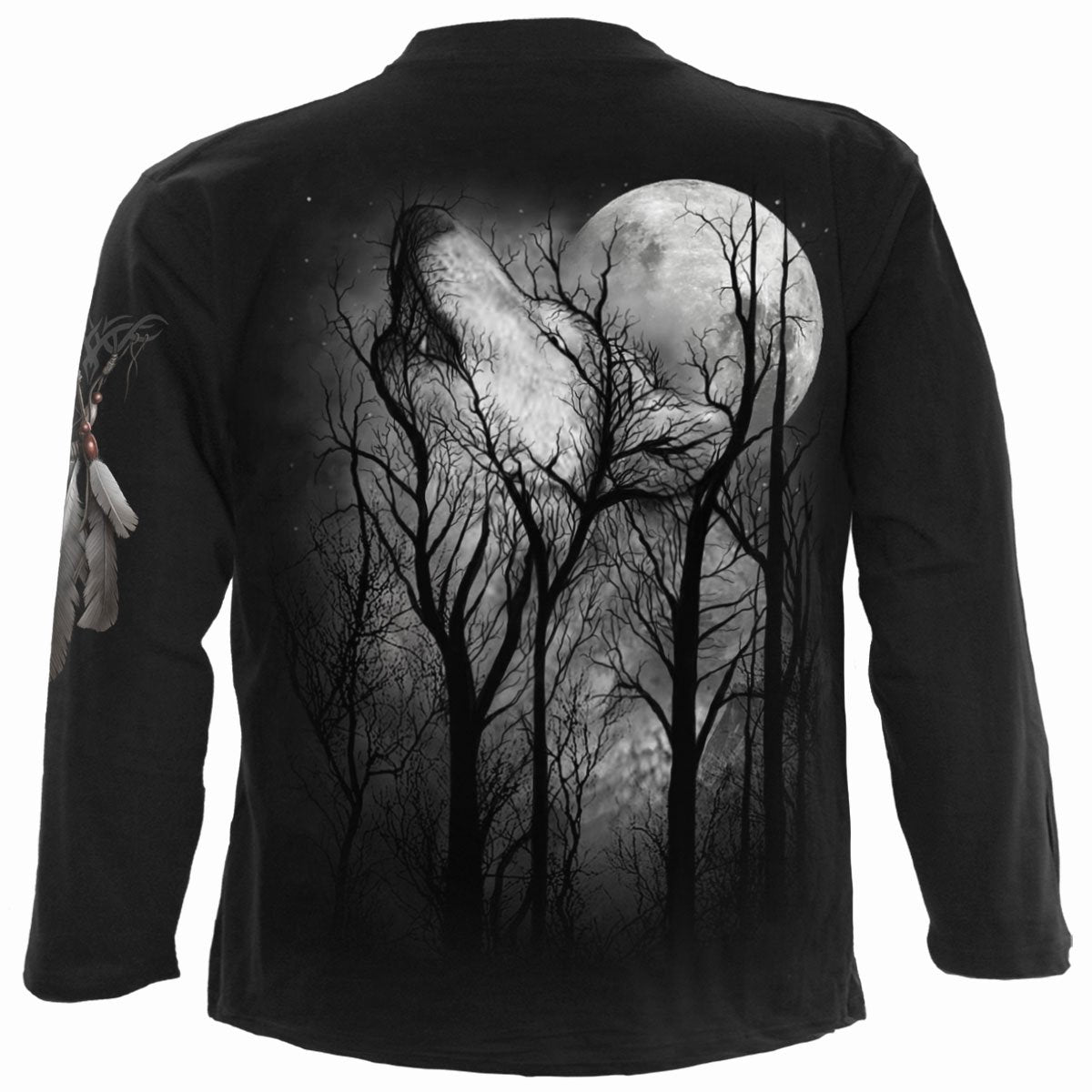 wolf howling at a full moon in a forest long sleeve black crew neck shirt for men