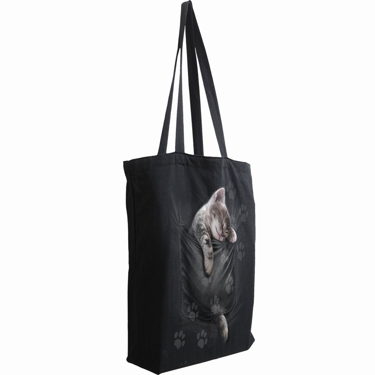 black gothic tote bag with pocket cat design