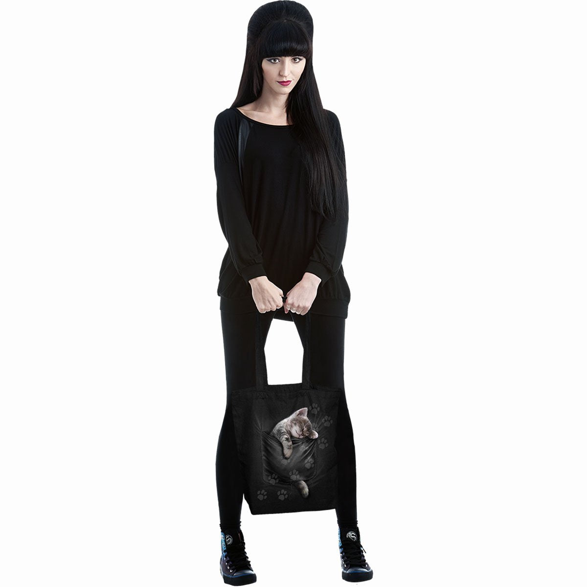gothic woman holding black tote bag with pocket cat design