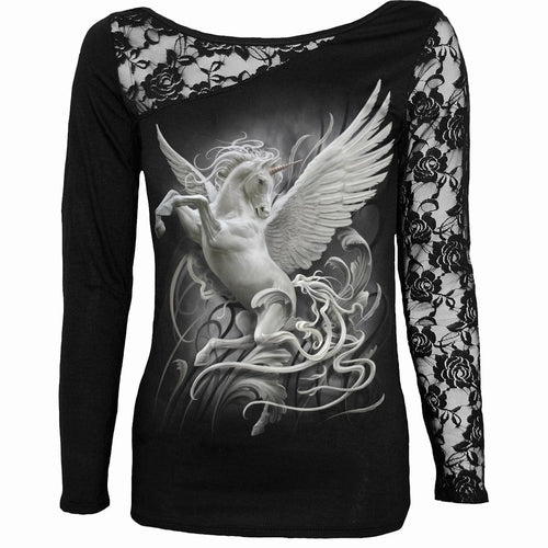 gothic unicorn black lace long sleeve shirt for women