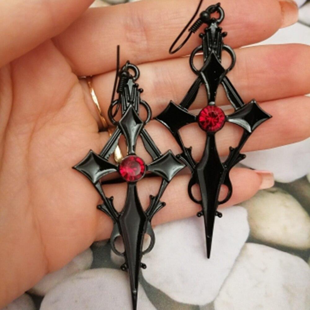 gothic cross earrings with rhinestone gem