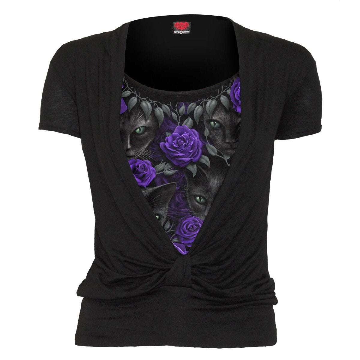 goth cat with purple roses t shirt for women