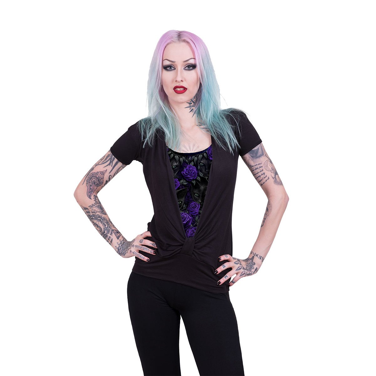 women's gothic cat t shirt with purple rose design