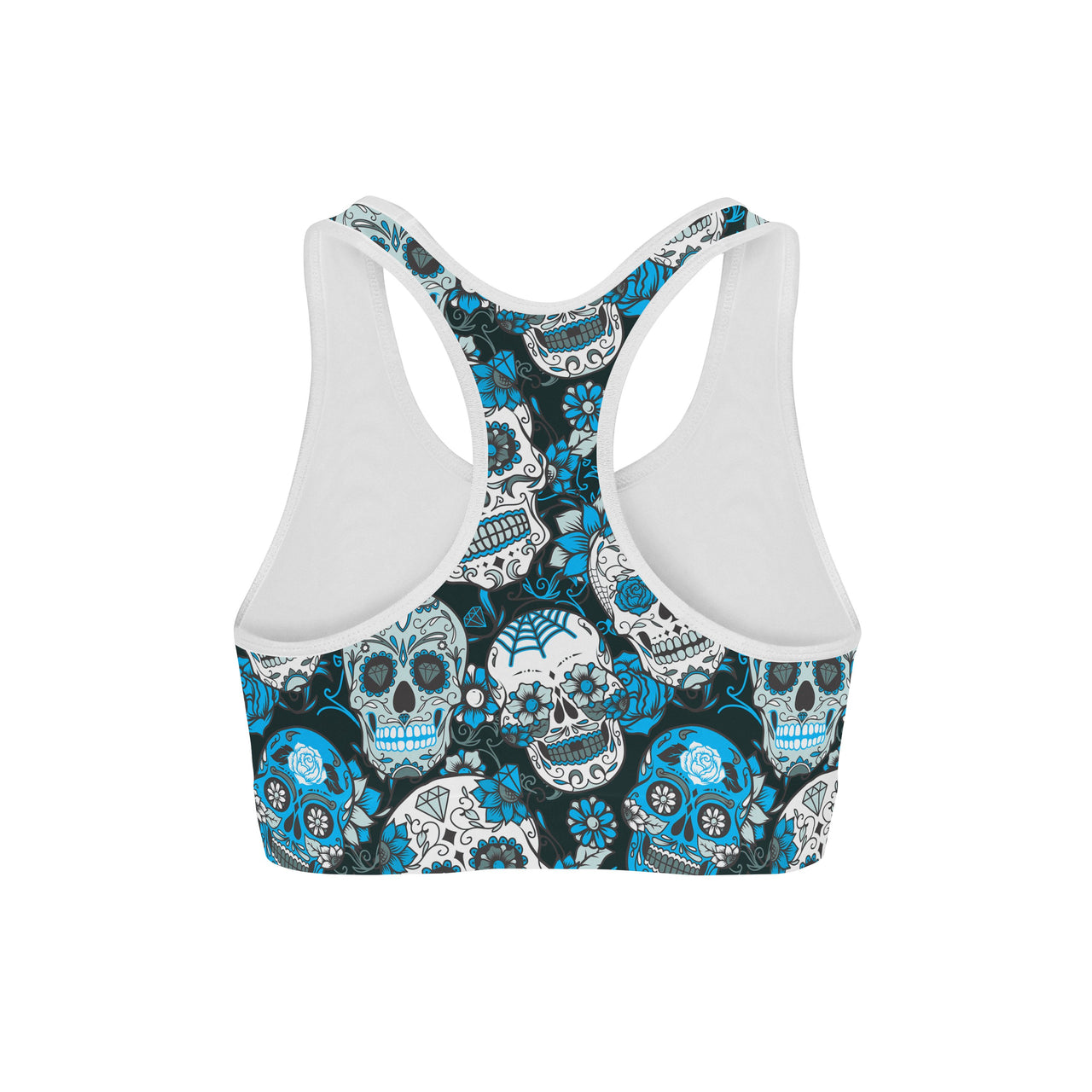 blue sports bra with skulls