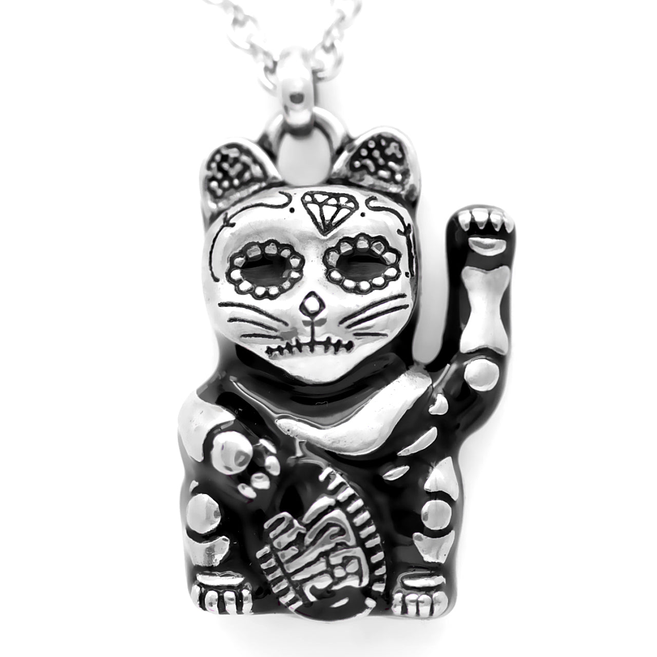 maneki neko cat necklace with day of the dead features