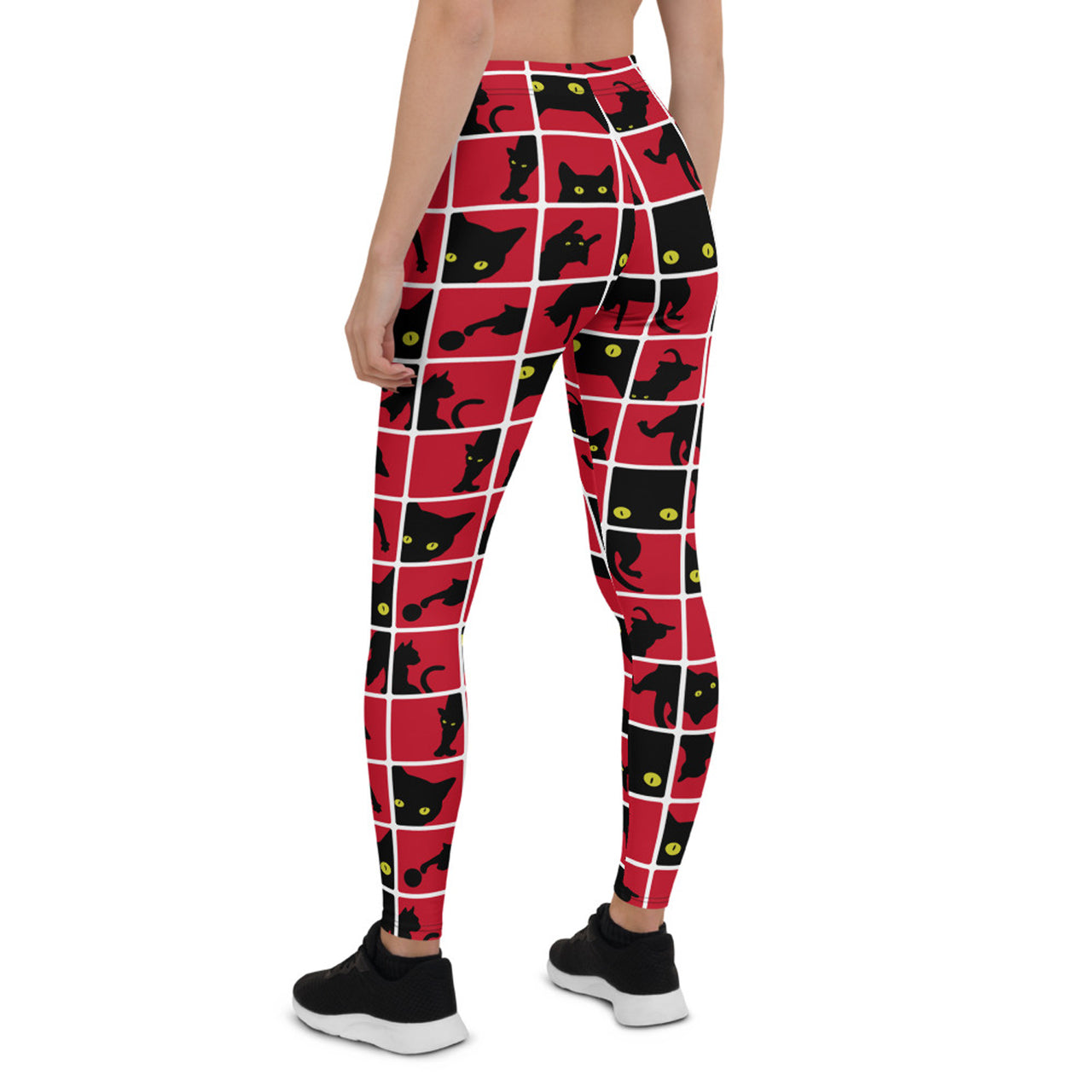 black and red leggings with cat pattern