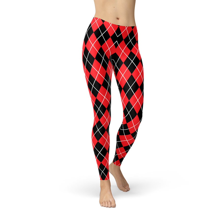 harley quinn red and black argyle leggings