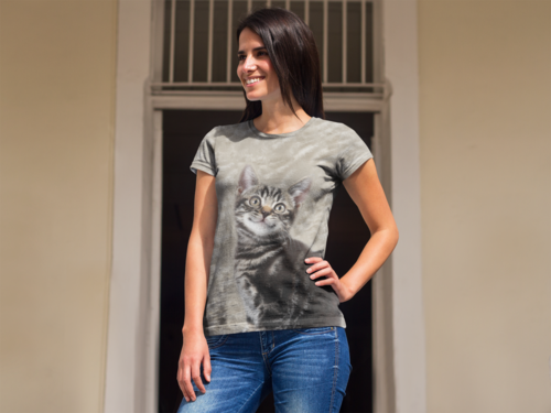grey calico cat graphic tee shirt